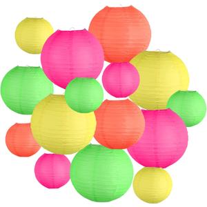 Glow in The Dark Party Supplies, Neon Party Decorations, Colorful Round Hanging Paper Lanterns Decorations for Neon Themed Birthday Wedding Baby Shower Home and Bar Decor, 15Pcs