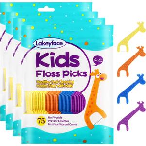 Lakeyface 300 Count Kids Flossers, Cute Giraffe Kids Floss Picks, No Fluoride BPA Free Dental Floss Picks, Unflavored Flossers for Kid, 4 Colors, 75 Count (Pack of 4)
