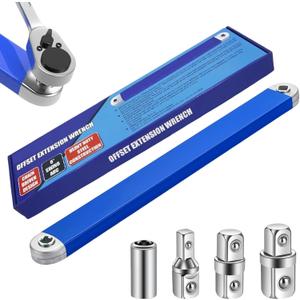 Offset Extension Wrench Set, Impact Ready Socket Ratchet Wrench Extender Tool with 1/2'', 1/4'', 3/8'' Square Drive Adapters, Zero Degree Ratchet Tool Universal Stubby Wrenches Set for Car (Blue-5pcs)