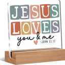 Christian Desk Decor, Jesus Loves You and Me Bible Verse Acrylic Plaque Sign for Home Office Prayer Room Desk Tabletop Decor, Christian Jesus Gifts for Women Men, 4x4 Inch