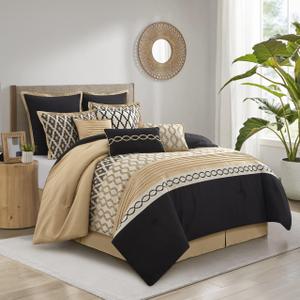 Stratford Park Geometirc King Black Gold Comforter Set, 10 Piece, Jacquard Bedding Comforters & Sets, Bedskirt, Pillows & Shams,