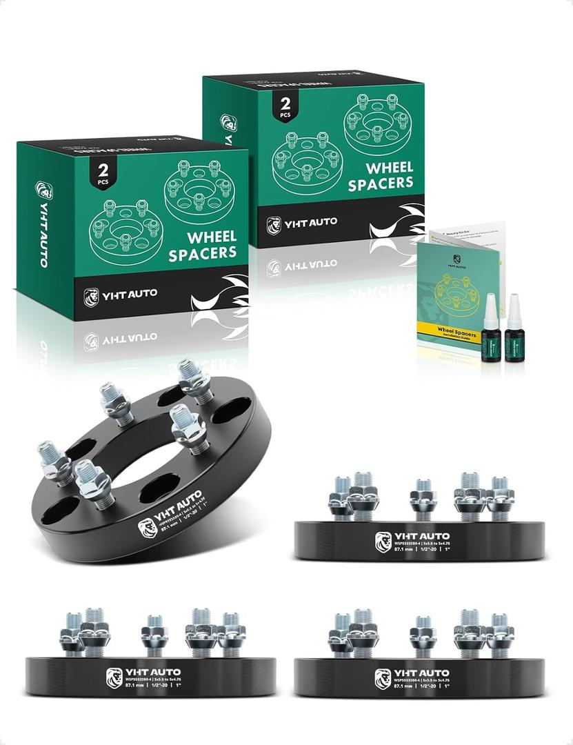 YHTAUTO 5x5.5 to 5x4.75 Wheel Adapters 1 Inch Compatible with Ford F-150 1975-1996, Dodge Ram 1500, Jeep, Tire Adapters w/ 1/2"-20 & 12.9 Grade Studs, 87.1mm Center Bore 5 Lug 4PCS Black