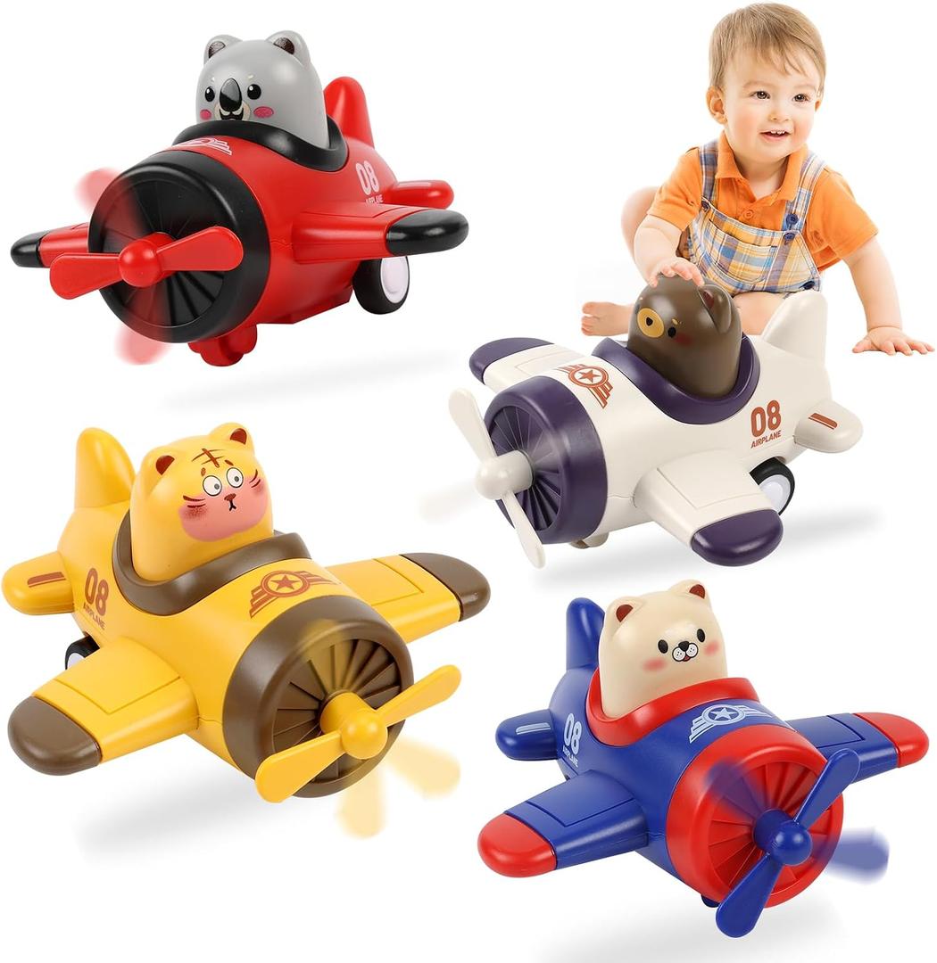 Airplane Toy Cars for Toddlers 1-3 4 Pack Press and Go Baby Car Toys, Push Airplanes with Rotating Propellers & Animal Drivers, Safe ABS Friction Cars for Indoor Outdoor Play, Gift for Boys Girls