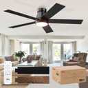 TCL 52" Ceiling Fan with Lights, Black Flush Mount Ceiling Fans with Remote Control, 6 Speeds DC Reversible, Dimmable, Noiseless, Low Profile Ceiling Fans for Bedroom