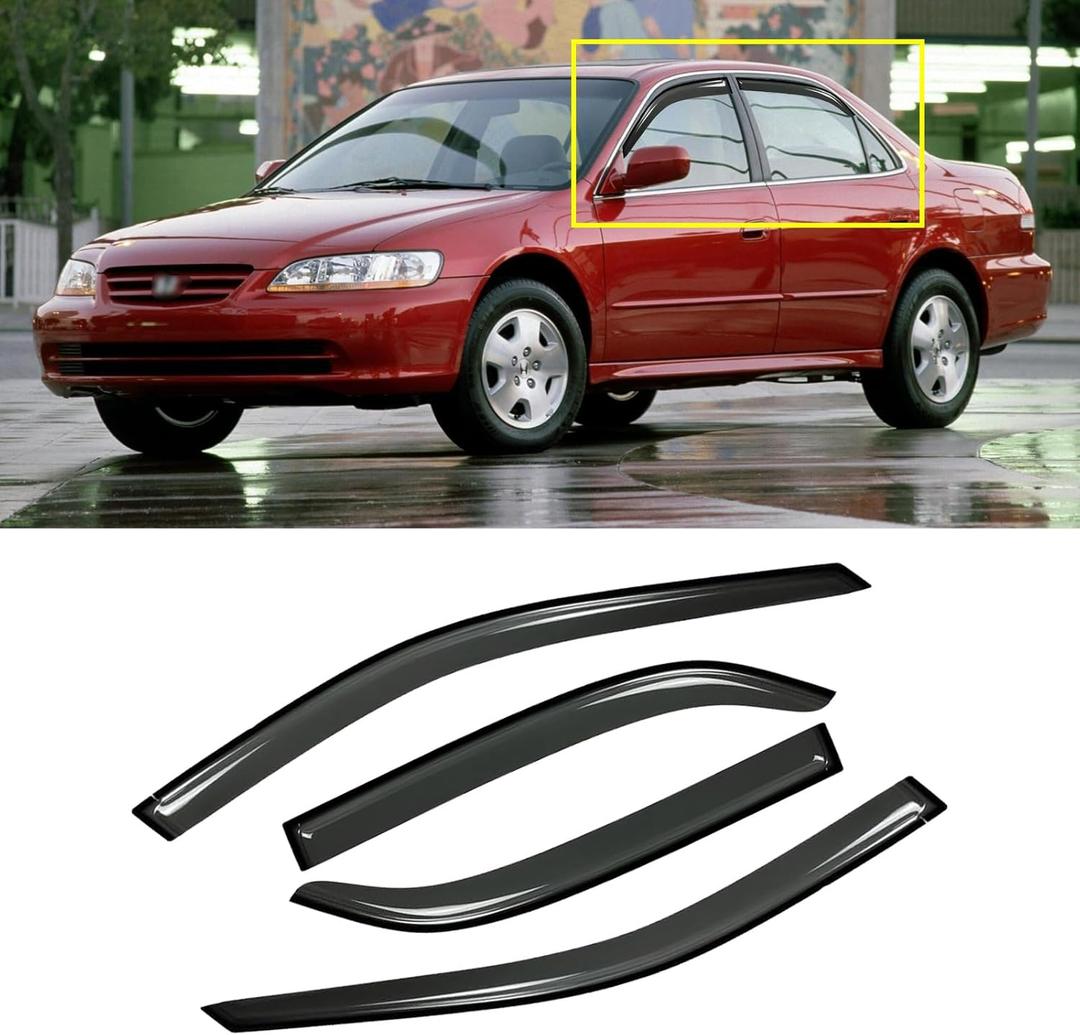 Window Visor for 1998-2002 Honda Accord, Out-Channel Rain Guards Shields Vent Deflector Shade Wind Dark Smoke 1999 2000 2001 98 99 00 01 02, Tape-On Outside-Mount, 4PCS