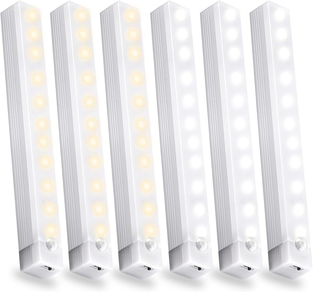 6 Pack Motion Sensor Under Cabinet Light, Magnetic Rechargeable 2 Color Under Counter Light, 8 Inch LED Closet Light for Stair Bedroom Cupboard