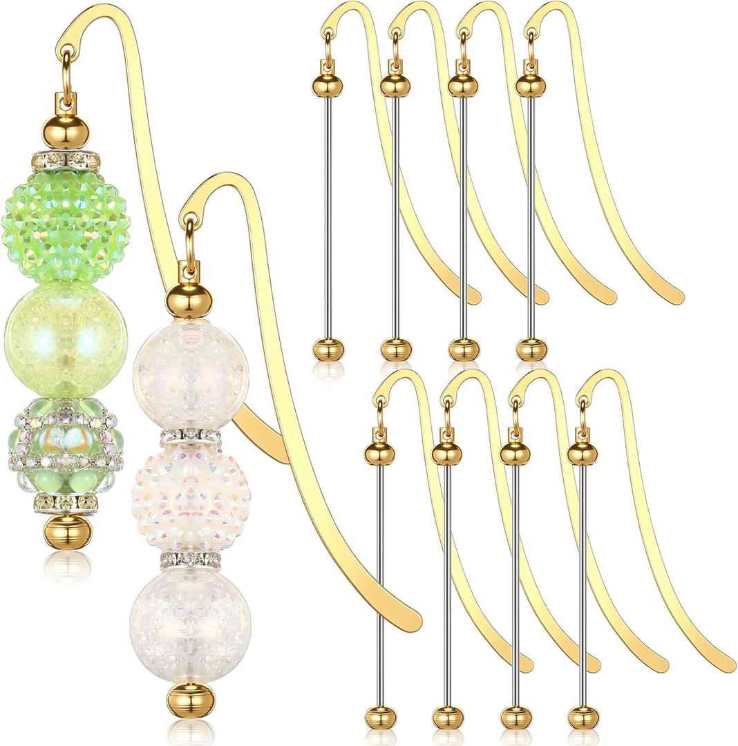Dunzoom 8 Pcs Beadable Bookmarks DIY Metal Blank Bar Bookmark for Beads Modern Beaded Craft Jewelry Pendant Charm Gift for Book Lovers Student Teacher Office Supplies (Gold)