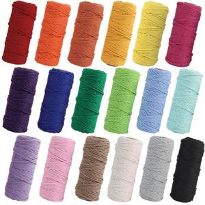 PHUNTTEK Macrame Cord 2mm x 590 Yards 18 Rolls Natural Cotton Cord 3 Stands Jute Twine String Soft Rope Assorted Colored Yarns for DIY Knitting Knotting Craft Macrame Project Supplies