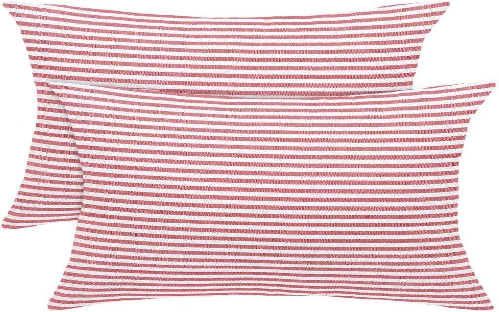 uxcell 2 Pack Woven Striped Lumbar Throw Pillow Cover Set Decorative Cushion Covers Rectangle Farmhouse Pillow Case for Sofa Bedroom Car Red and White 12" x 20"