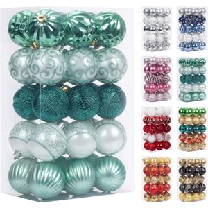 30PCS 2.36IN Christmas Tree Ornaments Assorted Pendant Shatterproof Ball Ornament Set Seasonal Decorations with Reusable Hand-Help Gift Boxes Ideal for Holiday and Party (White/Green)