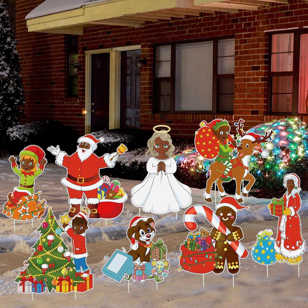 8 Pcs African American Christmas Yard Signs with Stakes Outdoor Christmas Lawn Decorations Signs Decorations Outdoor Yard Black Santa Gingerbread for Lawn Garden