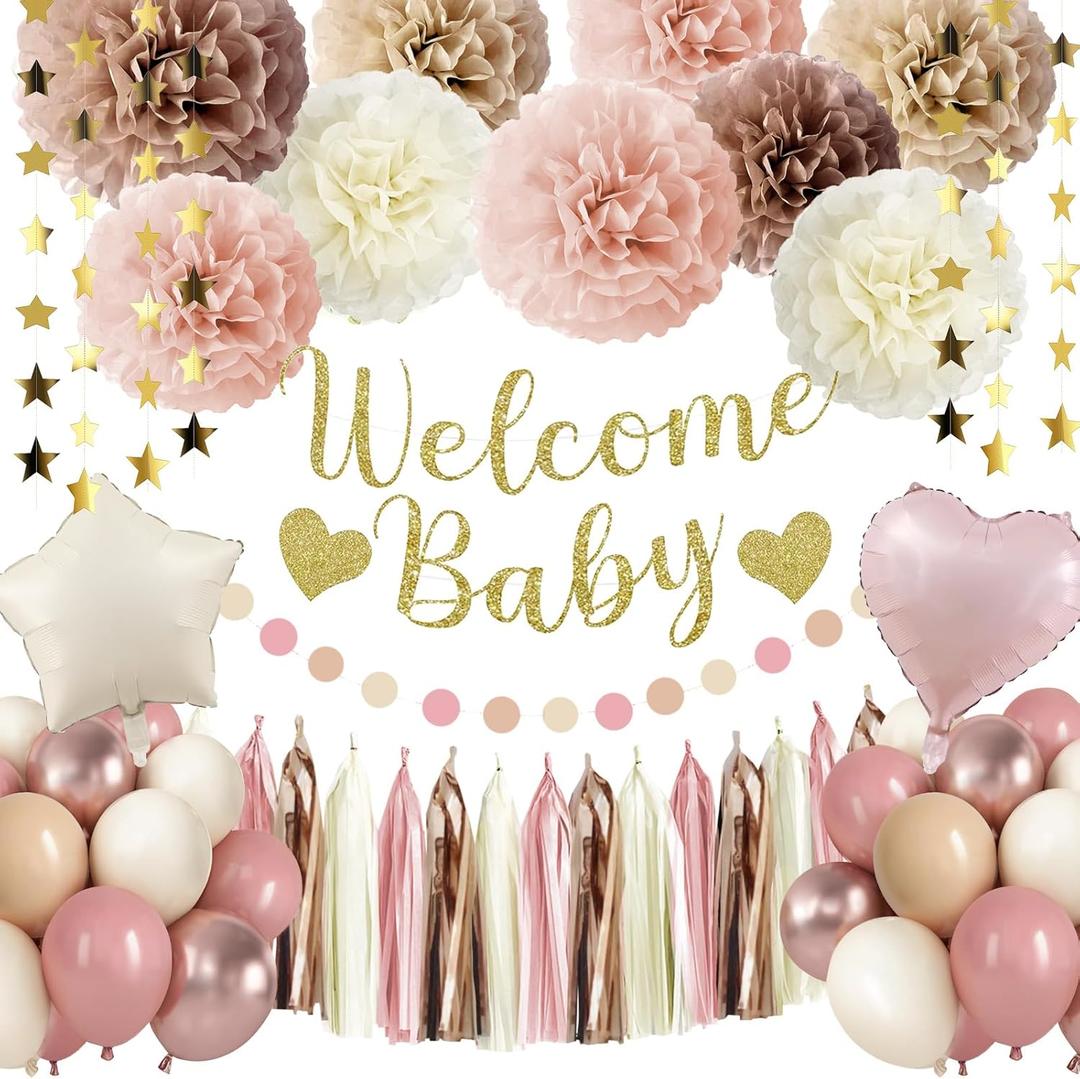 Pink Baby Shower Decorations For Girl Welcome Baby Banner Dusty Pink Rose Gold Nude Balloons Tassel Garland Paper Pom Poms Gender Reveal Party Supplie Girl Baby Shower Decor