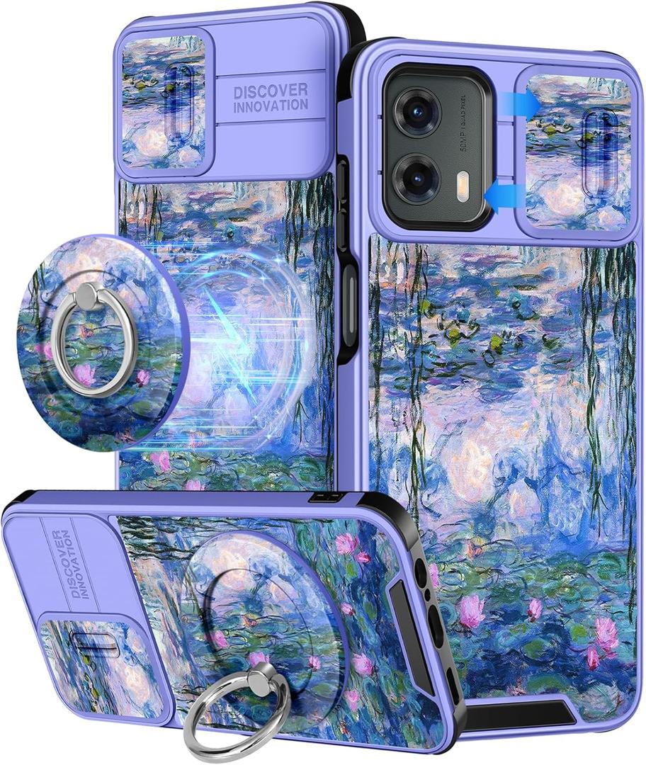 Buleens for Moto G 5G 2024 Case 6.6 Inch - with Ring Stand & Camera Cover Aesthetic Cute Designed for Women Girls Girly Kawaii Blue Water Lily Phone Case for Motorola G 5G 2024 Compatible with Magsafe