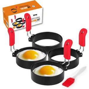 3 inch Stainless Steel Egg Rings for Egg Mcmuffins, 4 Pack, Egg Molds for Frying Eggs, Mini Pancakes Ring with Anti-scald Handle (4 pack, 3inch) (Red)