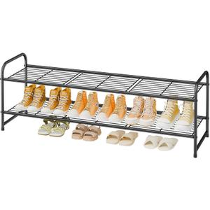 2 Tier Shoe Rack for Closet, 44 Inch Extra Long Shoe Storage Organizer for Shelves, Heavy Duty Metal, Easy Assembly, Black