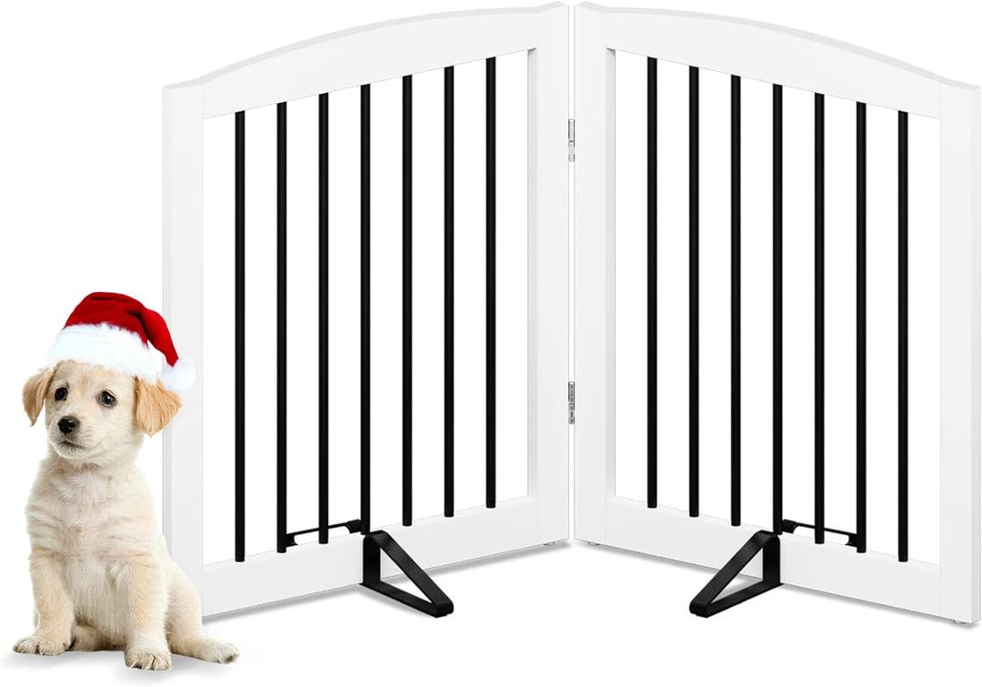 PUPETPO Freestanding Pet Gate for Dogs, Foldable Wooden Dog Gate for House, Indoor Pet Barrier for Stairs, Doorways, Support Feet Included, 24" Height 2 Panels, White