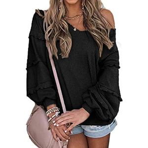 BTFBM Women's V Neck Long Sleeve Blouse Loose Fit Tunics Ruffles Off Shoulder Waffle Knit Solid Color Tops Fall Tee Shirts Size L