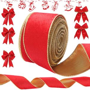 Syhood Christmas Wired Velvet Ribbon with Gold Edge Waterproof Velvet Decoration Ribbon Wrapping for Xmas Wreath Bows Floral Craft Ornaments(2.5 Inch X 20 Yard,Red/Gold)