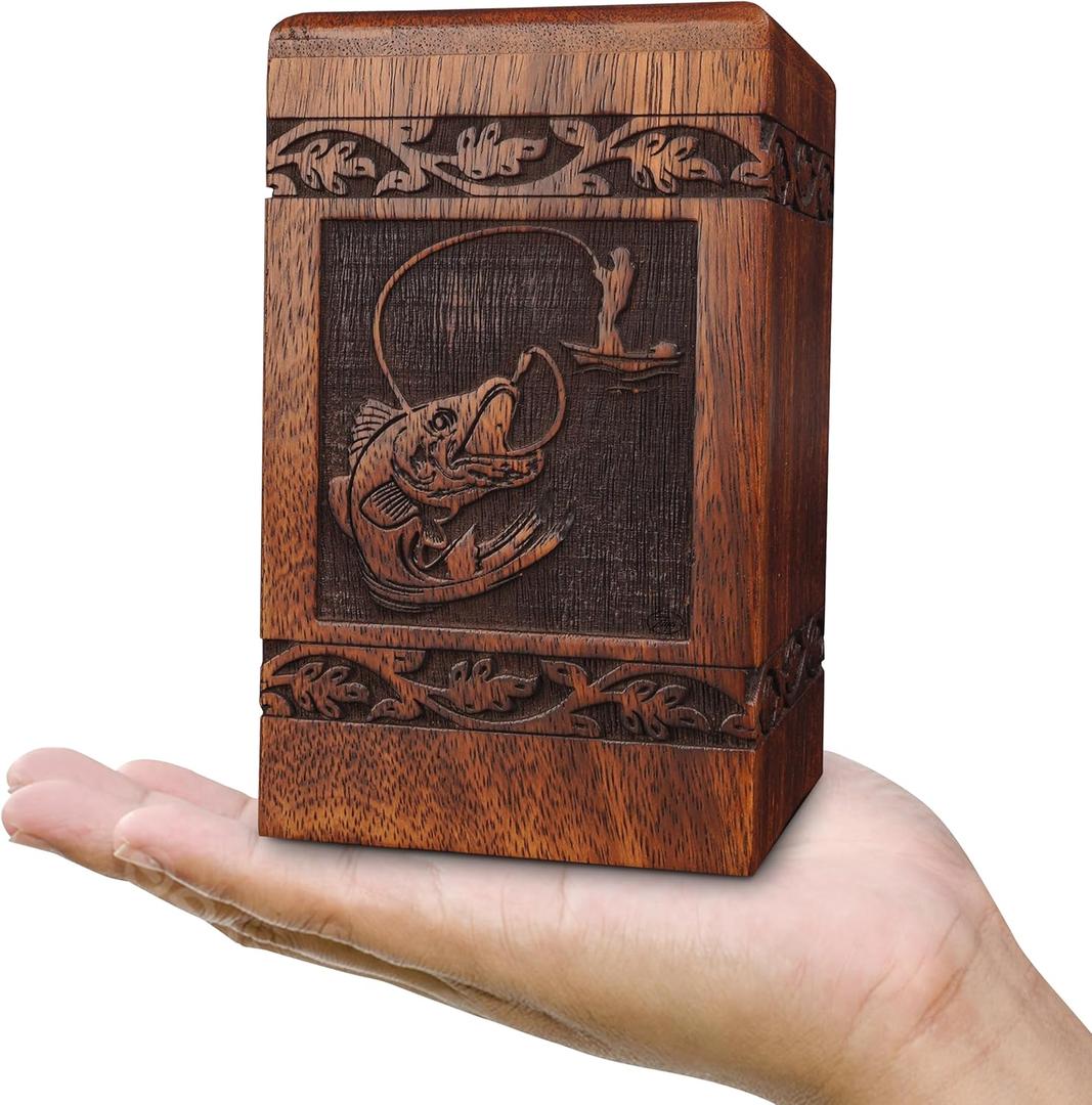 ZIYA Handmade Wooden Keepsake Sharing Cremation Urns for Human Ashes Adult Male Female  Fishing Small Decorative Funeral Burial Adult Mini Urn for Fisher Men Ashes Box for Dad Up to 20 lbs Fish