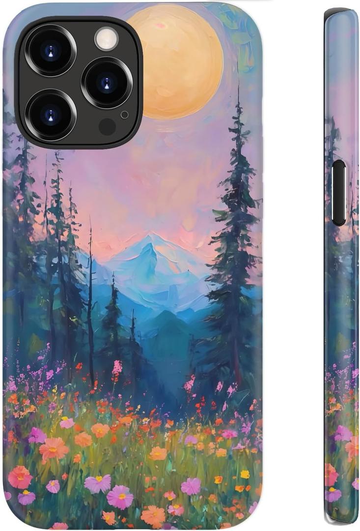 for iPhone 13 Pro Case, Wireless Charging Compatible, Dual-Layer Protection with Stylish Wildflower Design, Soft Silicone + Hard Shell, Cute Phone Cover for Women - Twilight Mountain Floral