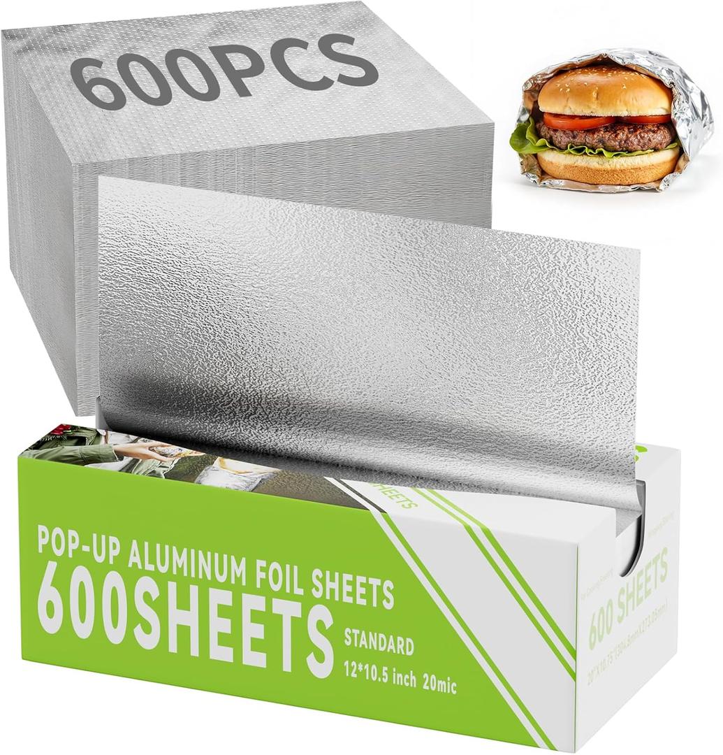 600 Count Pre-Cut Aluminum Foil Sheets, 12" x 10.6" Inch Pre Cut Aluminum Foil sheets for Restaurant Use, Disposable Foil Sheets for Food, Hot Dogs, and Sandwiches