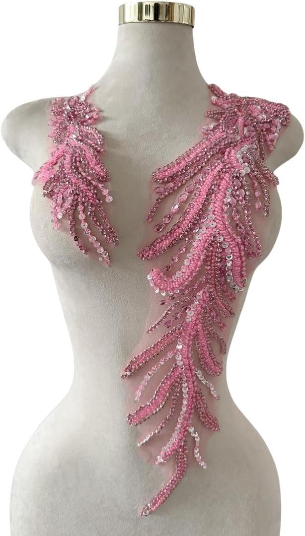 Handmade Crystal on lace Applique Sewing Rhinestones Beads Sequins Patches Trim Luxury Decoration Accessories for Wedding Dress 2PCS/Set 26.3X4.7inches (Pink)