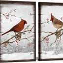 iHAPPYWALL 2 Pieces Cardinal Canvas Wall Art Red Bird on Snowy Branch Winter Scene Landscape Love Birds Picture for Bedroom Living Room Decor Ready to Hang 16x24inchx2pcs
