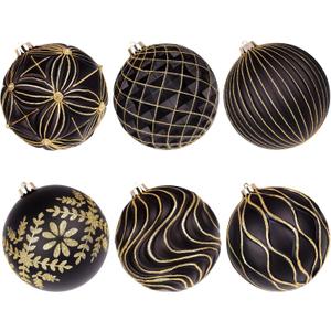 Lanpn 6 Pcs 6" Large Christmas Balls Ornaments, Outdoor Xmas Tree Hanging Decorations, Shatterproof Christmas Ball Ornament Set for Home Winter Holiday, Assorted Relief Pattern, Black & Gold