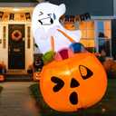 Joiedomi 5 FT Tall Halloween Inflatables Outdoor Decorations, Inflatable Cute Ghost Halloween Decor Outdoor, Blow Up Ghost Lift Pumpkin Candy Bag with Build-in LEDs for Yard Decorations