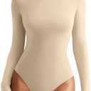 REORIA Womens Long Sleeve Bodysuits Fall Basic Round Neck Lightweight Double Lined Layering Slim Body Suit Tops, Beige, M