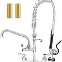 NETISR 36" Height Commercial Faucet with Sprayer, Brass Chrome Wall Mount Restaurant Kitchen Sink Pre Rinse Faucet, 8" Adjustable Center & 12" Add-on Swing Spout, 12" Spout & 38" Hos