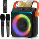 Karaoke Machine with 2 Wireless Microphones, Portable Bluetooth Karaoke Speaker for Adults & Kids with Strobe Lights, Karaoke Microphone with PA System Supports TWS/USB/TF/REC/FM/AUX (Orange)