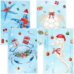 Preboun 4 Pcs Christmas Sealife Kitchen Towels Christmas Decoration Absorbent Dish Quick to Drying Hand Polyester Cleaning Tea Coastal Towels for Home Washing Drying Dishes Kitchen