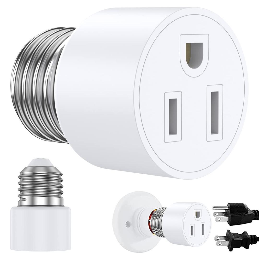 Light Socket to Plug Adapter, 3 Prong Outlet Light Socket Adapter Converter for E26/E27 Light Bulb, Screw in Installation, Bulb Plug Adapter for Porch Light Garage Basement (Style White, 1)