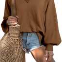 Acelitt Women Casual Fall Long Lantern Sleeve V Neck Lightweight Loose Blouse Tops, S (Brown)
