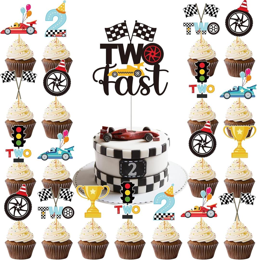 Two Fast Cake Decorations - 25 Pcs Race Car Theme Curious Baby 2nd Birthday Cupcake Topper Let's Go Racing Table Decor Trophy Checkered Flag Traffic Light 2 Years Old Party Supplies for Boys