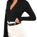 MANGOPOP Long Sleeve Body Suit Mock Turtle Neck Fleece lined Zip Up Bodysuit for Women Ribbed Deep V Sexy Bodysuit Shirts, Black, Small