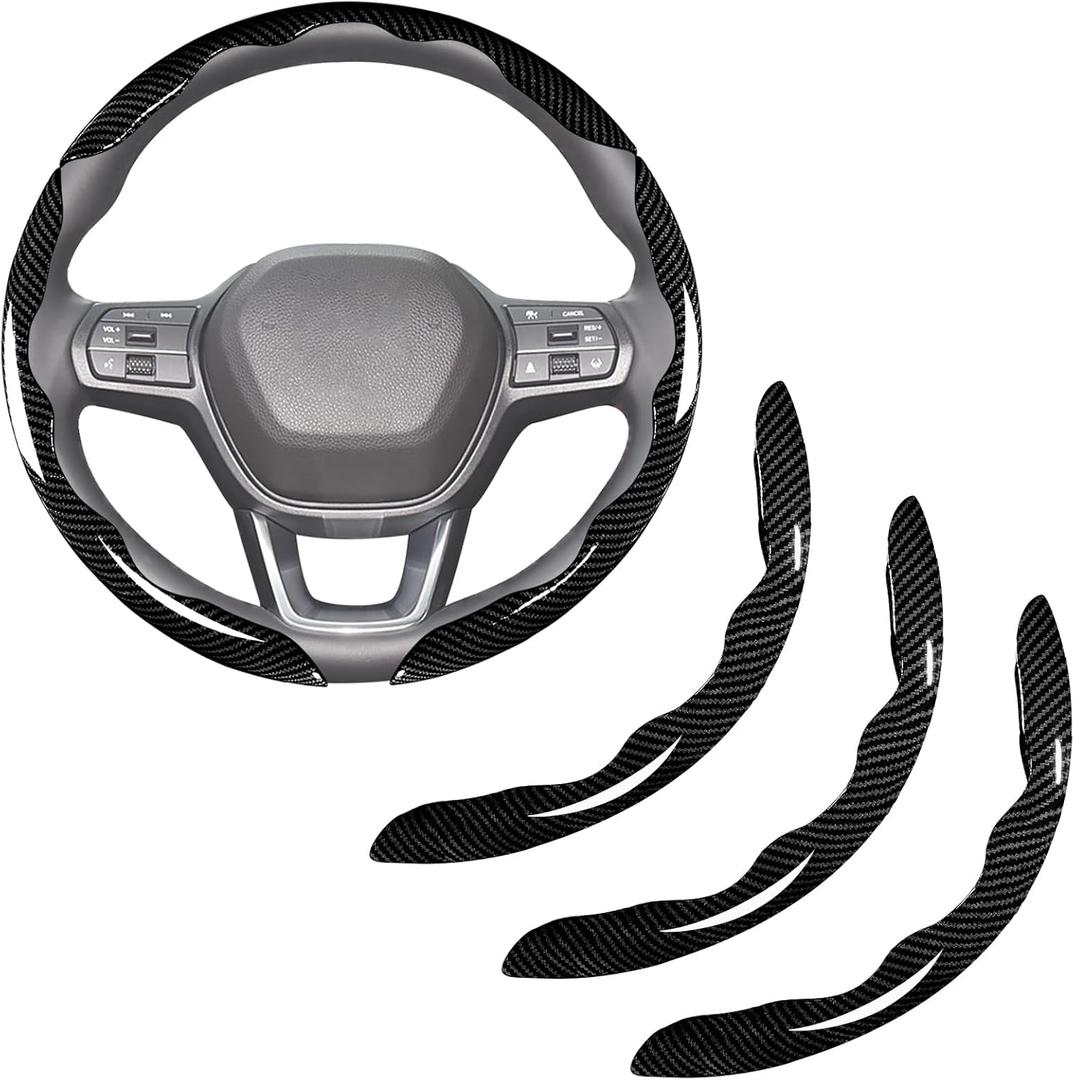 Carbon Fiber Steering Wheel Covers 3 Piece Clip on Steering Wheel Cover (Black) (Standard Size[14"1/2-15"])