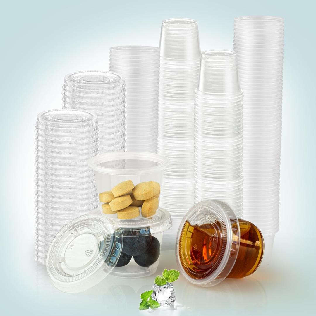 240 Small Clear Plastic Condiment Cups with Lids, 1oz Portion Containers, Ideal for Condiments, Salad Dressing, Jello Shots