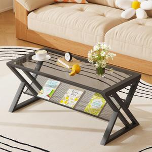 Glass Coffee Table Living Room Table with Storage Shelf, Grey Glass Table Simple Modern Rectangular Tables with Sturdy Black Metal Frame,Industrial Glass Coffee Table for Bedroom Home Office