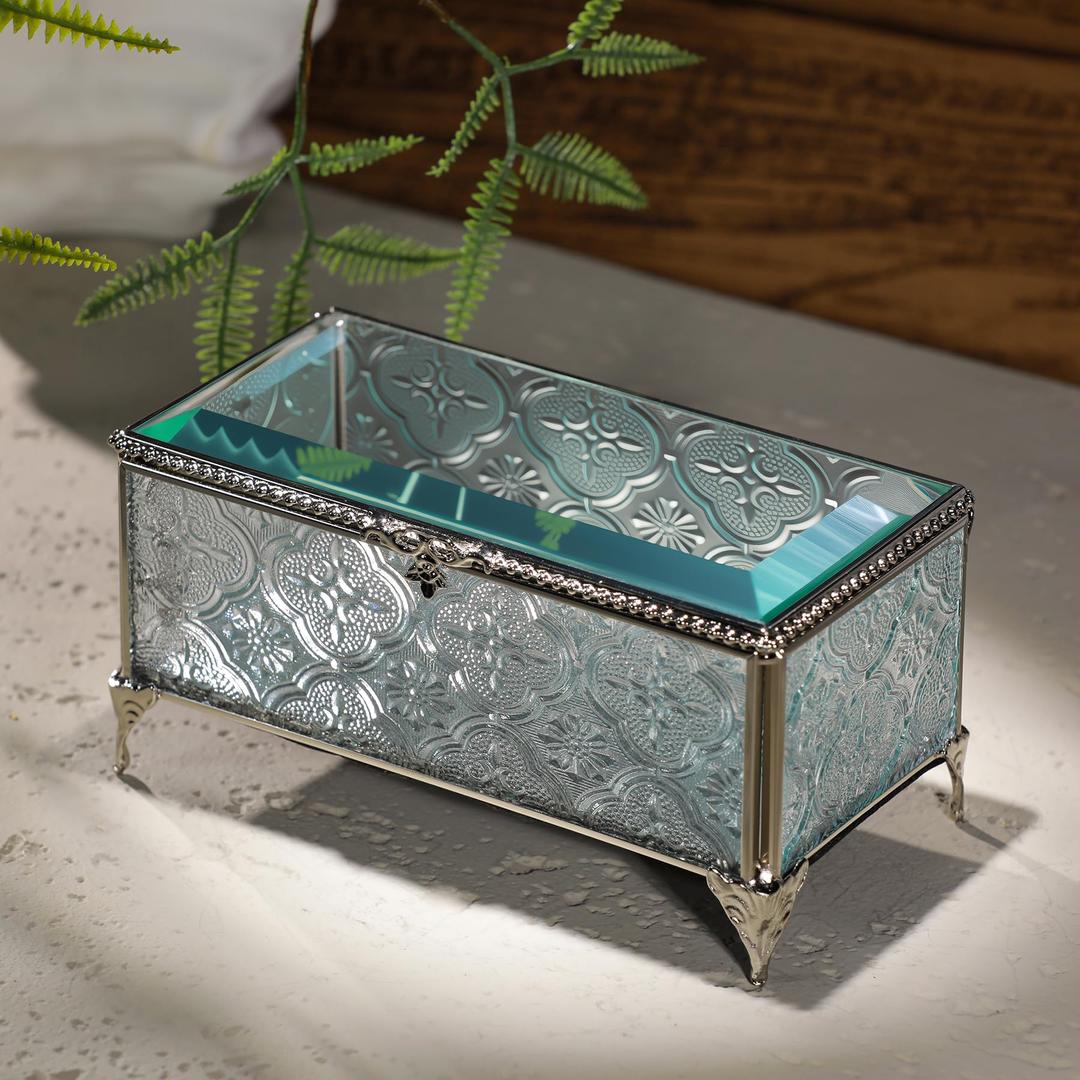 DHCGPP Glass Vintage Jewelry Box Keepsake storage Trinket Ring Display Box Home Decor Embossed Clear Glass Box Organizer(6.5x3.5x3.3Inches)