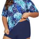 Womens Plus Size Short Sleeve Rash Guard Sets Swim Shirts with Shorts UPF50+ Two Piece Swimsuit (4X, Blue Leaf+navy Bottoms 1)