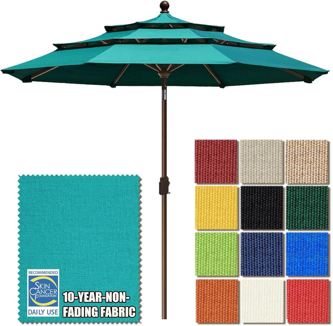 EliteShade USA 10-Year-Non-Fading 9ft 3-Tier Market Patio Umbrella, Commercial Grade Outdoor Table Umbrella with Crank Open, Windproof & UPF 50+ UV Protection, Heavy Duty Ventilation for Garden, Deck, Pool, Backyard, Beach & Bistro, Teal