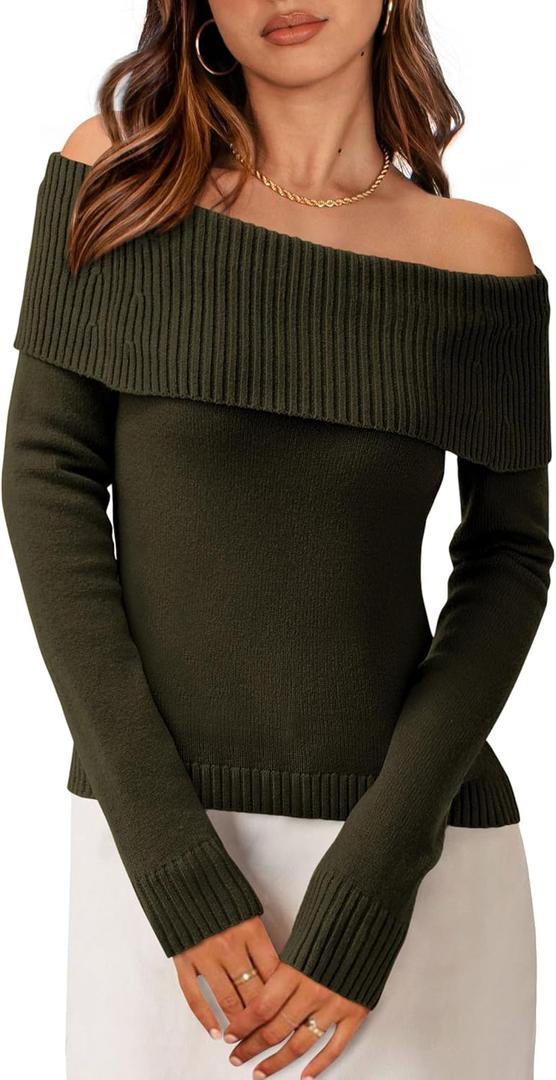 PRETTYGARDEN Off The Shoulder Sweater for Women 2026 Fall Fashion Cute Long Sleeve Tops Winter Ribbed Pullover Knit Outfits (Black)