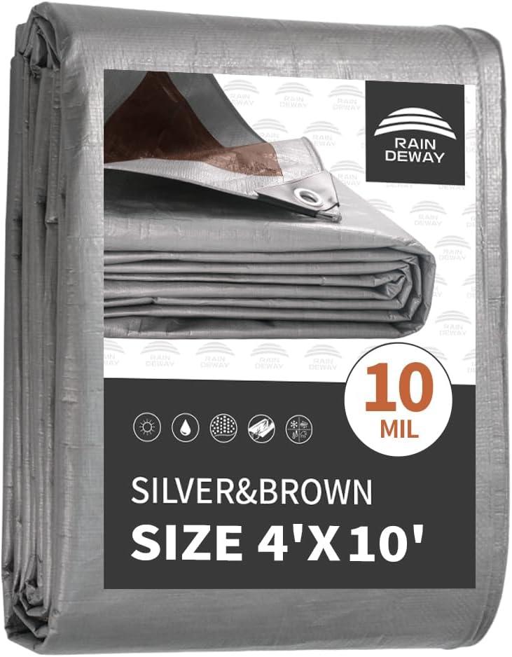 RAINDEWAY 4x10 Feet Tarps Heavy Duty Waterproof,10Mil Thick Multipurpose Poly Small Tarp Cover with Metal Grommets and Reinforced Edges,Silver/Brown Tarp