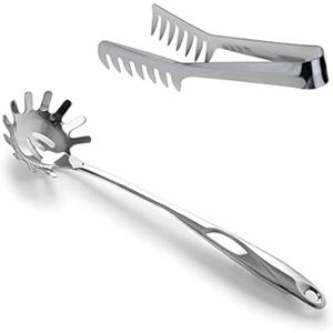 HornTide Stainless Steel Pasta Server Set 1x 8-inch Serving Tongs 1x 12-inch Spaghetti Claw Teethed Ends Design Kitchen Tools
