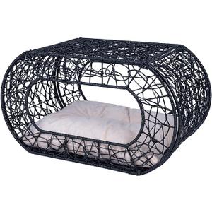 Wicker Cat Bed Condo for Indoor Outdoor, Rattan Cat Bed Cave with Soft Cushion for Indoor Cats Kitty, Pet Cat Basket Beds Cat Bed Enclosed with Rattan Interactive Hanging Ball Toy, Black