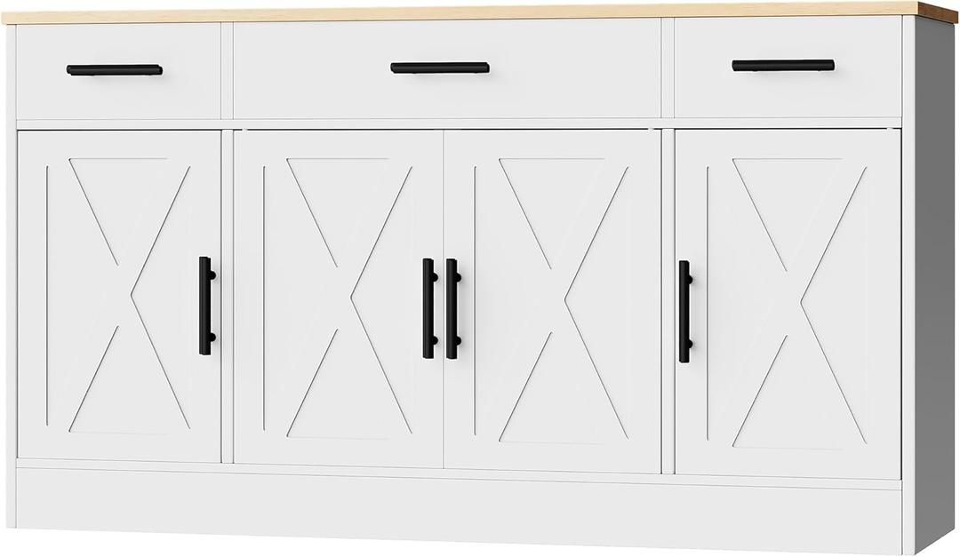 Shintenchi Buffet Cabinet with Storage,53.4" Large Kitchen Storage Cabinet with 3 Drawers and 4 Doors,Wood Farmhouse Buffet Cabinet with Adjustable Shelf for Kitchen Living Room,White, Open Compartment & 3 drawers & 4 doors