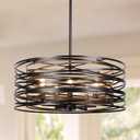 19.7'' Farmhouse Dining Room Light Fixture, 5-Light Metal Drum Chandelier, Black with Retro Wood Texture Interior