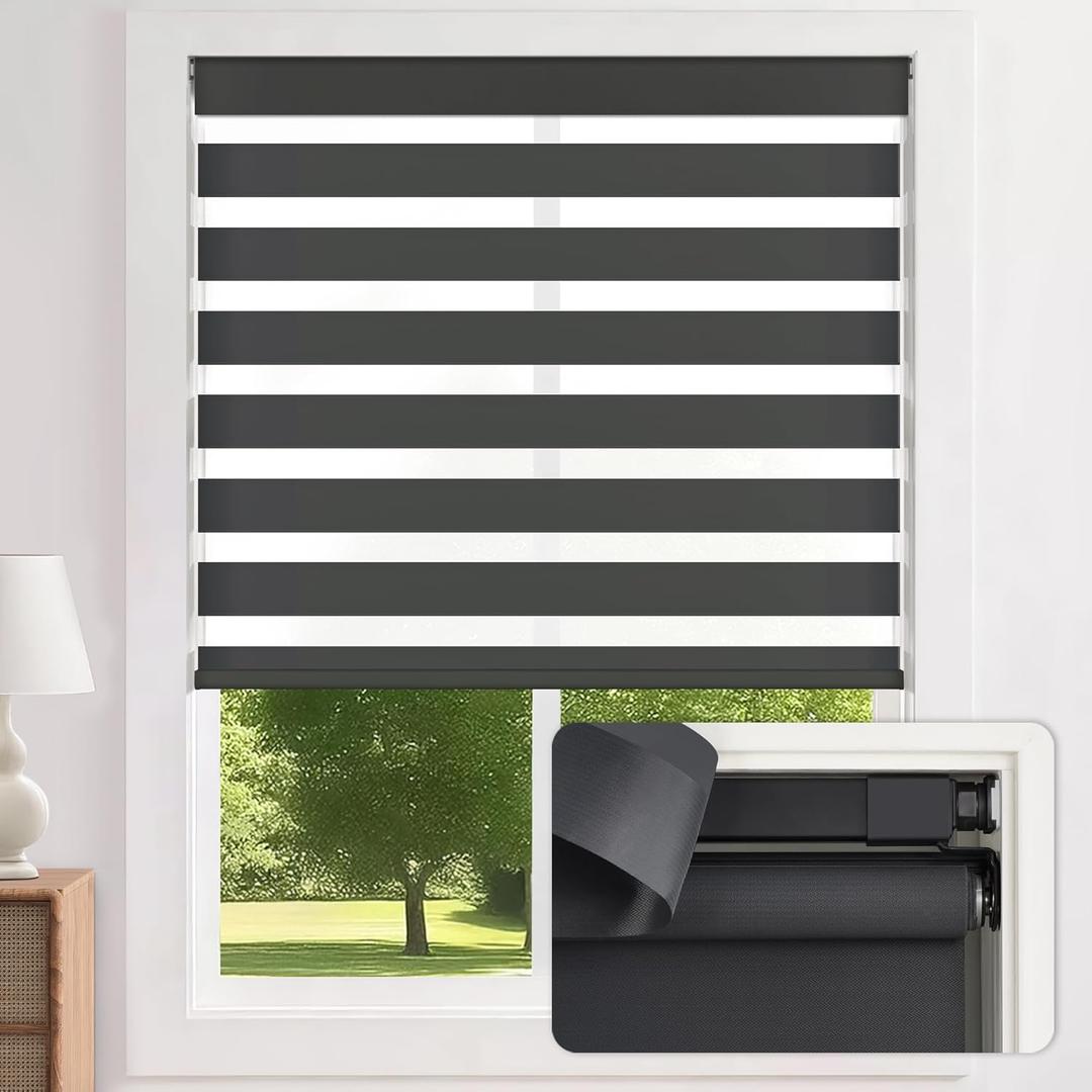 LazBlinds No-Drill Cordless Zebra Blinds - Dual Layer Light Filtering & Room Darkening, Free-Stop Lift, Easy Install, Day & Night Privacy with Valance for Window 33.5" W x 72" H, Black